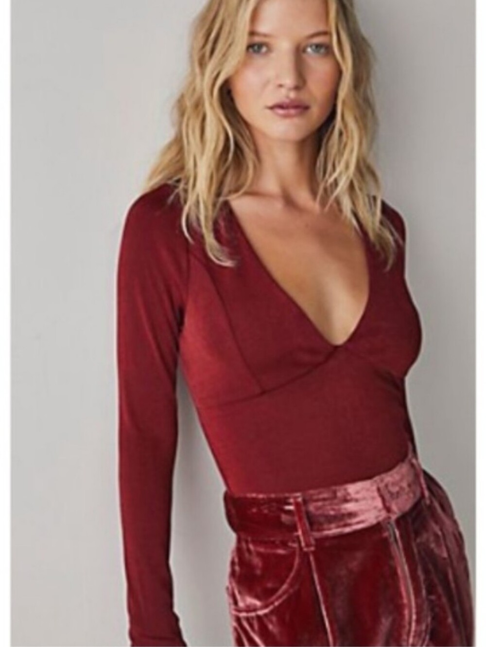 NEW Intimately Free People Deep Burgundy V-Neck Long Sleeve Top Sz M